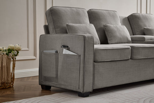 English Elm 114" Modern Upholstered Sofa with Console, Built-In USB & Cupholders, Durable Linen Fabric Comfort Light Brown W2353S00005