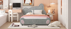English Elm Full Velvet Bear-Shaped Platform Bed Full Size with Storage Pocket, Cute Cuddly Headboard, Gray Plush Finish SF000143AAE