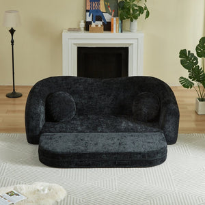English Elm 86-inch Curved Chenille Convertible Sofa Recliner Frameless Folding Two-seater for Living Room Black W3505P452820