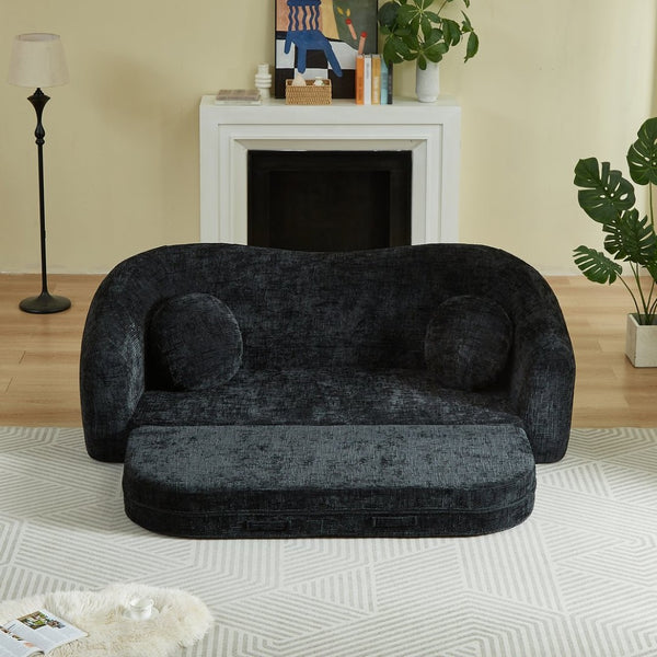English Elm 86-inch Curved Chenille Convertible Sofa Recliner Frameless Folding Two-seater for Living Room Black W3505P452820