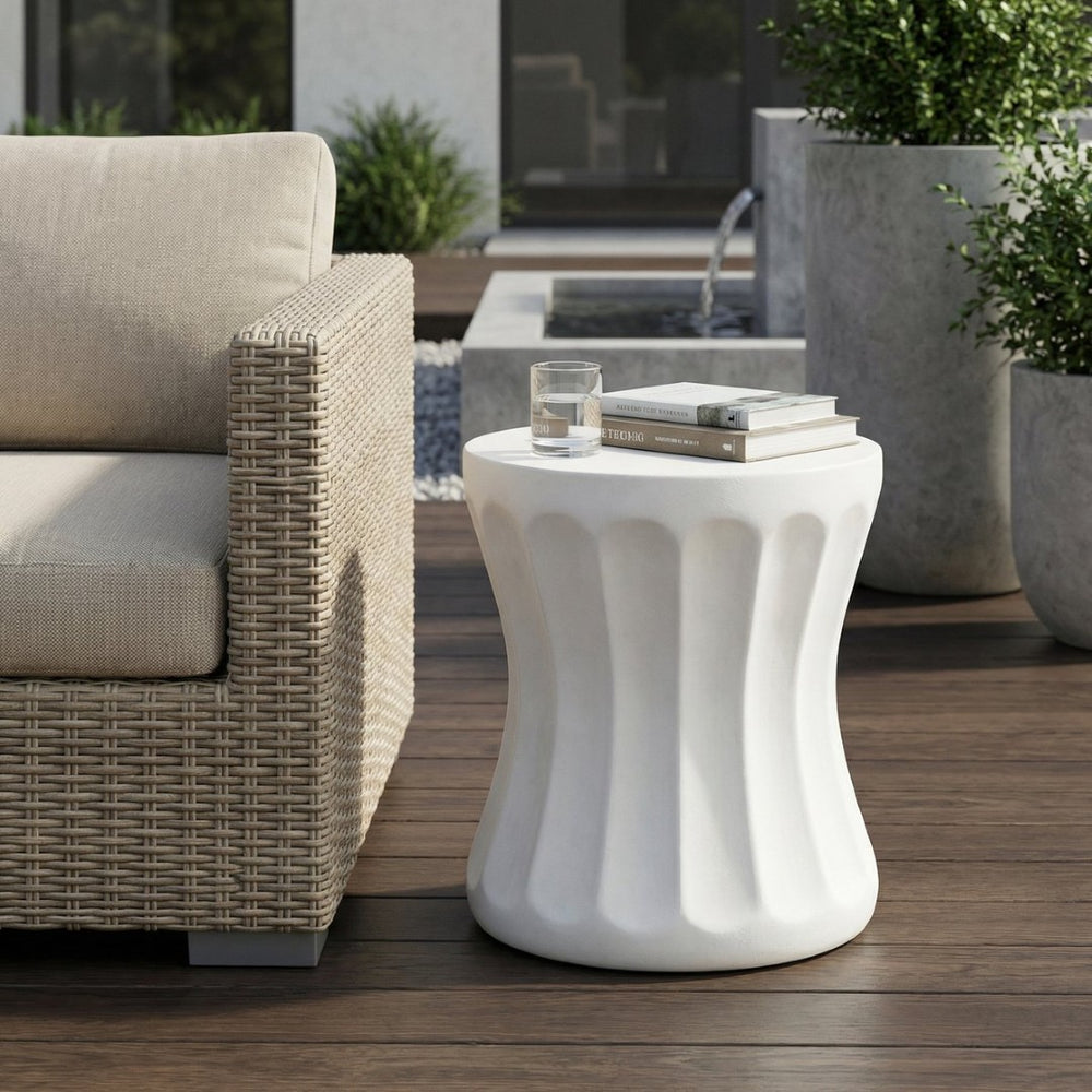 English Elm Outdoor Mgo Concrete Sculptural Side Table Antique White Finish for Patio or Living Room N773P369076W