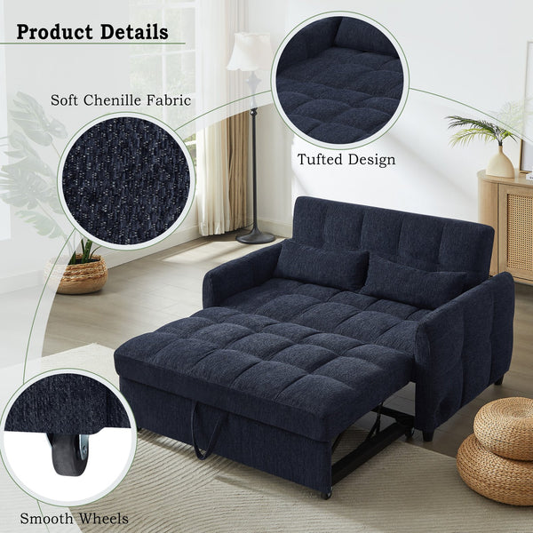 English Elm 52.8" Loveseat Sofa Pull-Out Bed with Adjustable Backrest, Tufted Chenille, 3 USB Ports & Pillows Blue N719S001710C