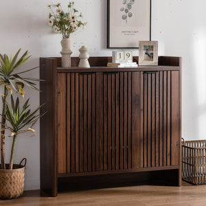 English Elm Shoe 5-Tier Walnut Cabinet with Louvered Shutter Doors, Adjustable Shelves, Spacious Entryway Storage W3081P338360