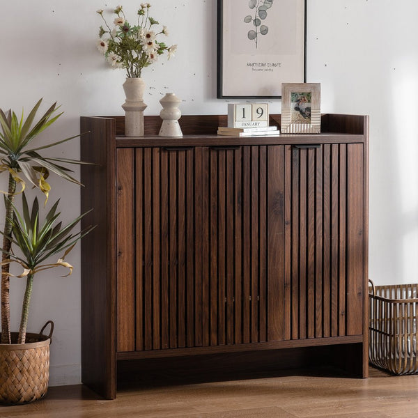 English Elm Shoe 5-Tier Walnut Cabinet with Louvered Shutter Doors, Adjustable Shelves, Spacious Entryway Storage W3081P338360