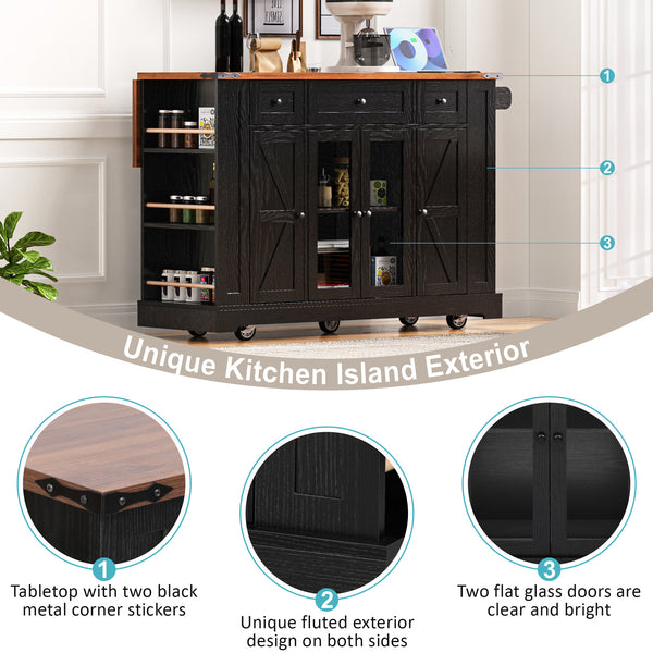 English Elm K&K 53" Farmhouse Kitchen Island with Drop Leaf, Tempered Glass Doors, Power Outlet, Rolling Cart Black N707P263637B