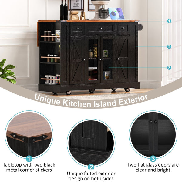 English Elm K&k Farmhouse Rolling Kitchen Island with Drop Leaf Tempered Glass Drawers and Power Outlet Black N707S263637B