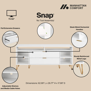 English Elm Dumbo 63" Fluted Media Console with Gold Legs, 2 Drawers, 6 Shelves & Wire Management Elegance White B365P397904