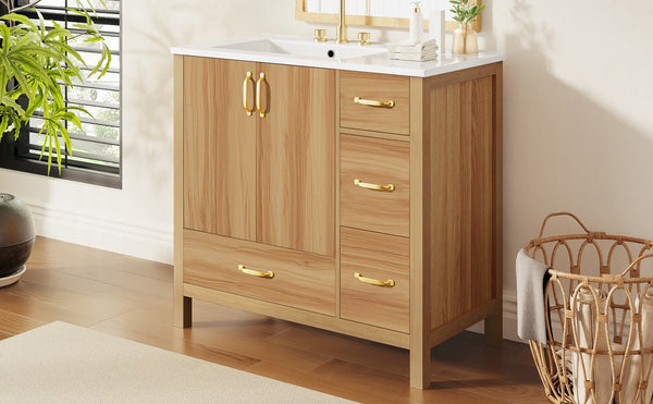 English Elm 36" Wood Bathroom Vanity Cabinet with Solid Frame, Ceramic Sink, Soft-Close Doors & Organized Drawers N729P321351N