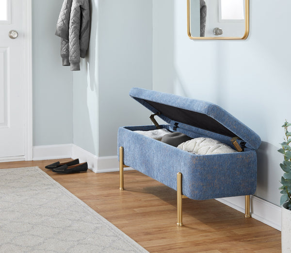 English Elm Daniella Storage Bench with Flip-Top, Gold Metal Legs & Blue Fabric Upholstery for Entryway Décor B202P223838