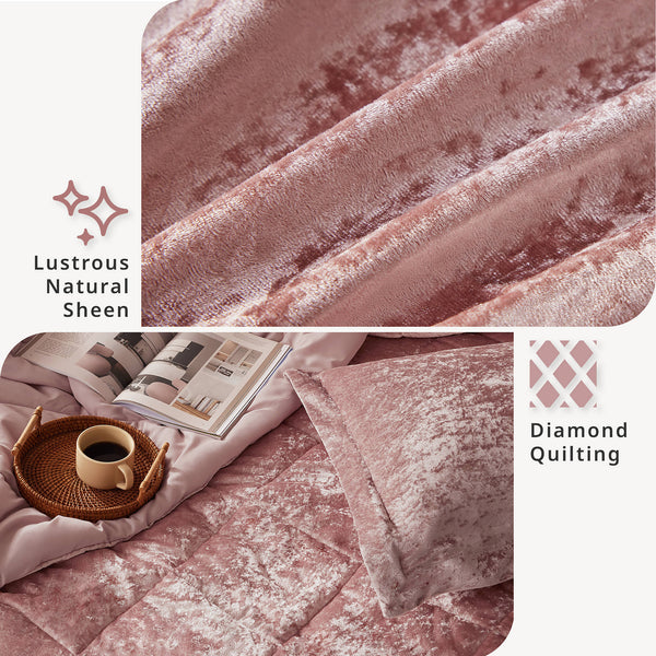 JLA Home Intelligent Design - Velvet Crushed Quilted Duvet Cover Set with Throw Pillow — Luxurious Soft Sheen, Hotel-Style Comfort Blush ID12-1782