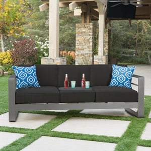 English Elm Christopher Knight Home® - CAPE modern 3-seater outdoor sofa with aluminum frame, convertible tray table, water-resistant cushions DARK GREY 58981.00CUSGRY