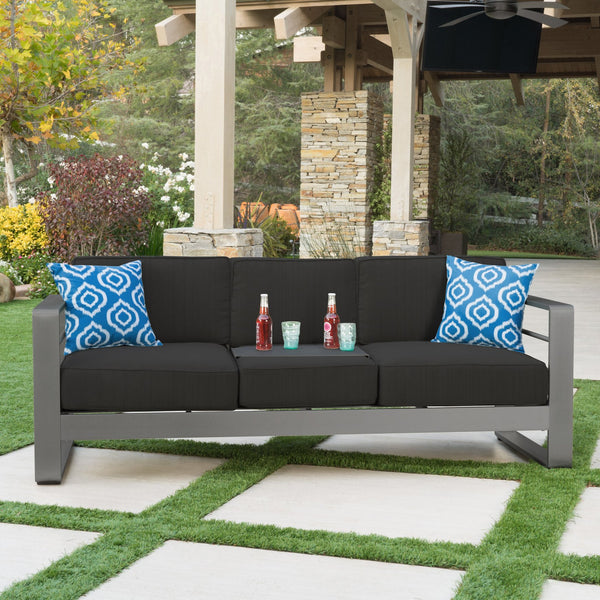 English Elm Christopher Knight Home® - CAPE modern 3-seater outdoor sofa with aluminum frame, convertible tray table, water-resistant cushions DARK GREY 58981.00CUSGRY