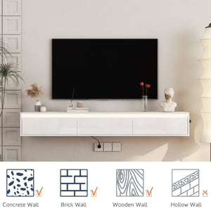 English Elm Floating LED TV Stand Wall Mounted Shelf with Power Outlet, High-Gloss White MDF Cabinet, Storage & Cord Management - Modern Living Room Accent W1321P311892