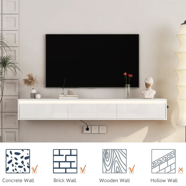 English Elm Floating LED TV Stand Wall Mounted Shelf with Power Outlet, High-Gloss White MDF Cabinet, Storage & Cord Management - Modern Living Room Accent W1321P311892