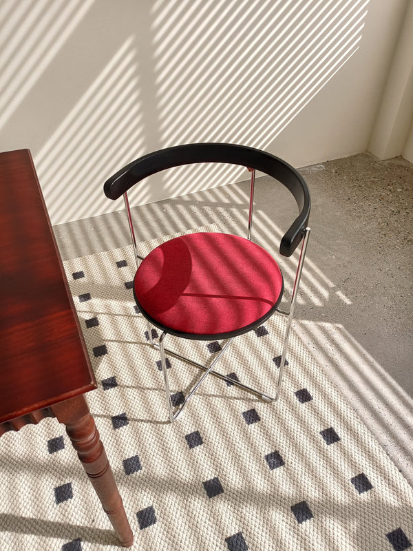 English Elm Folding mid-century modern cantilever dining chair with chrome frame, wooden back and upholstered seat Red W2105P250642