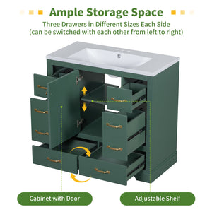English Elm 36" Modern Bathroom Vanity Cabinet Base with Six Drawers, Adjustable Shelf & Drawer Organizer Green WF307973AAF