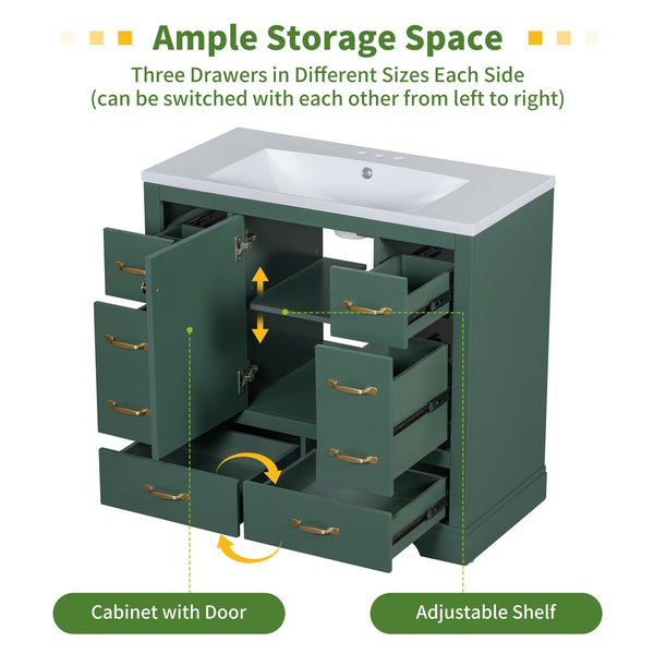 English Elm 36" Modern Bathroom Vanity Cabinet Base with Six Drawers, Adjustable Shelf & Drawer Organizer Green WF307973AAF
