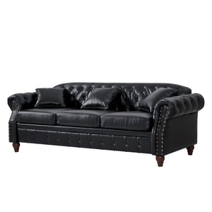 English Elm 85.8" Living Room Chesterfield Sofa with Storage Classic Tufted PU Upholstery Solid Wood Frame, 3-Seater Comfort Black W1097S00148