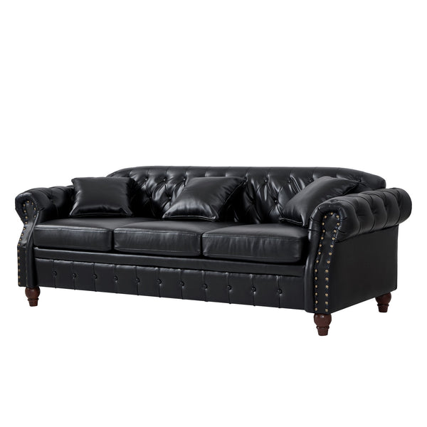 English Elm 85.8" Living Room Chesterfield Sofa with Storage Classic Tufted PU Upholstery Solid Wood Frame, 3-Seater Comfort Black W1097S00148