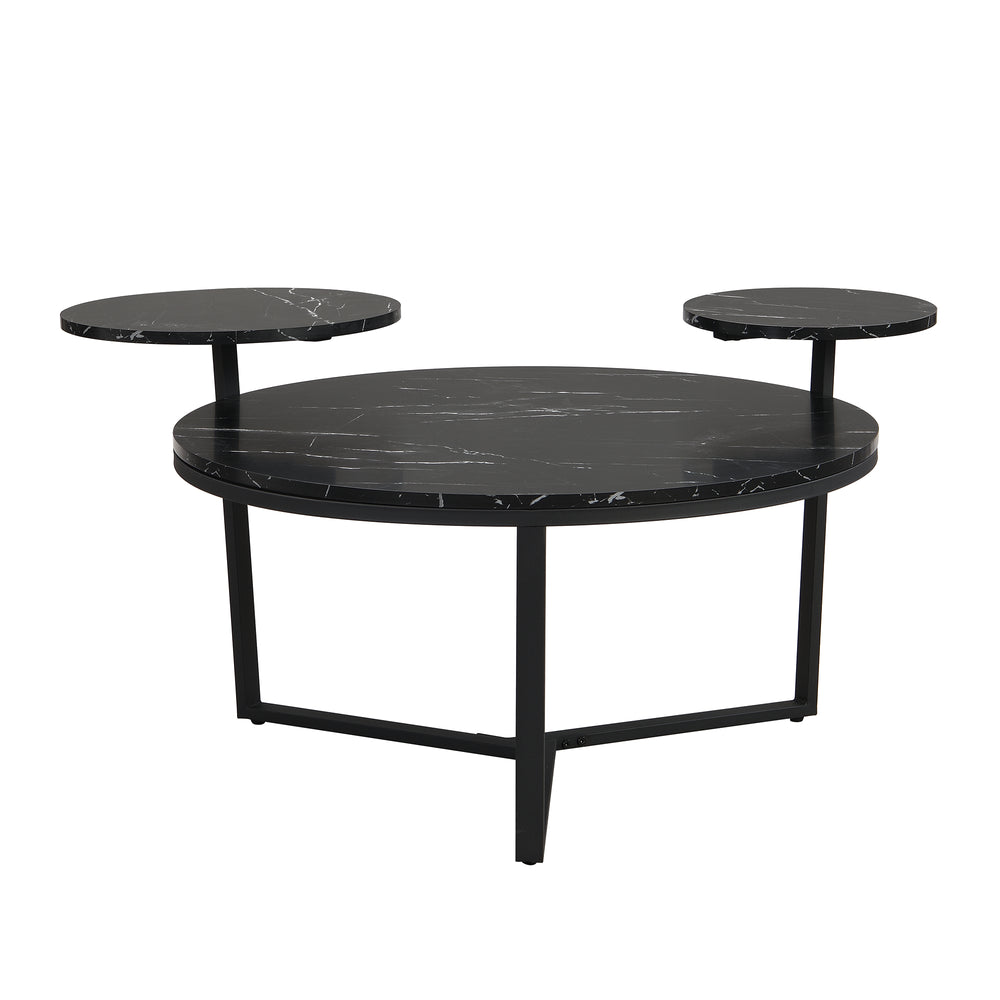 English Elm Modern round coffee table with black faux marble top, tripod metal base and two display shelves, sleek storage flair N735P177472B