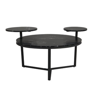 English Elm Modern round coffee table with black faux marble top, tripod metal base and two display shelves, sleek storage flair N735P177472B