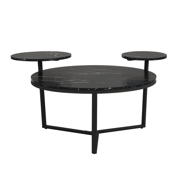 English Elm Modern round coffee table with black faux marble top, tripod metal base and two display shelves, sleek storage flair N735P177472B