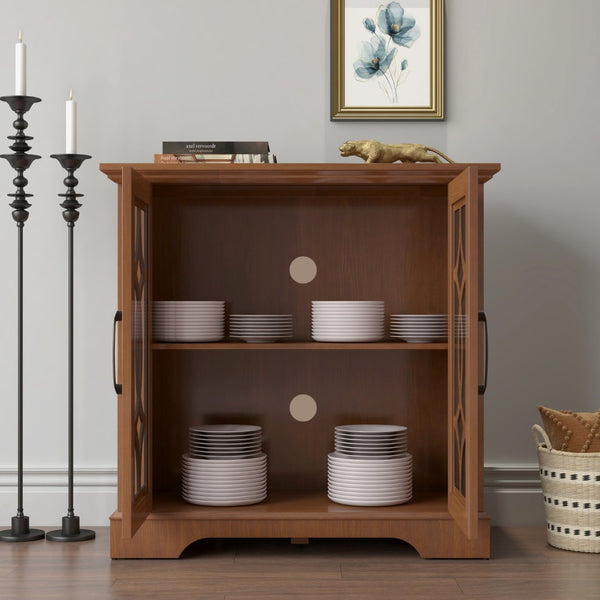 English Elm Elegant Mirrored Sideboard with Butterfly Carved Doors Wood Grain Finish Dining Storage Dark Oak W2899P372743