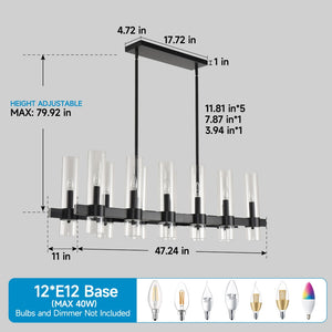 English Elm Black Linear Chandelier 12 Light Seeded Glass Farmhouse Fixture for Dining Rooms W5008P392744