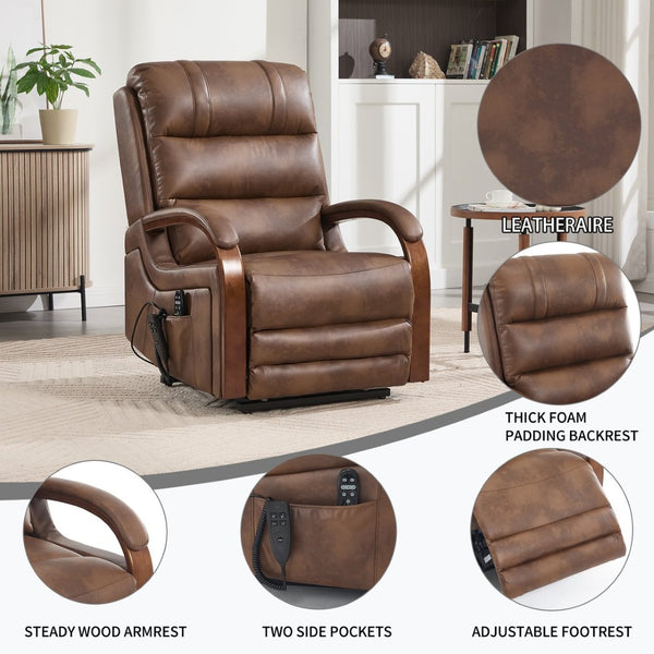 English Elm Power Lift Recliner with Dual Motor Heat Massage Leatheraire and Wood Armrests W1803S00078