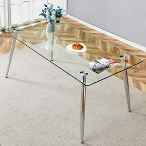 English Elm Modern Tempered Glass Dining Table Seats Six with Sleek Silver Legs for Open Spaces W1151S03176