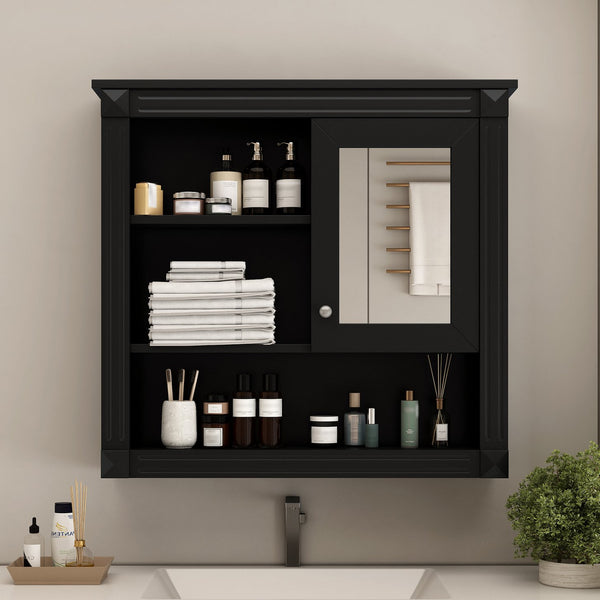 English Elm 32'' Bathroom Wall Cabinet Mirror — 32-inch Wall-Mounted Medicine Cabinet with Adjustable Shelves for Streamlined Bathroom Storage and Stylish Organization Black N710P254922B