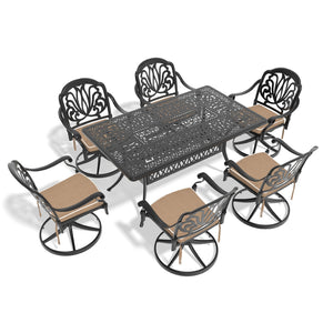 English Elm 7-Piece All-Weather Cast Aluminum Dining Set With Swivel Chairs & Cushions – Perfect For Outdoor Comfort W1710S00280
