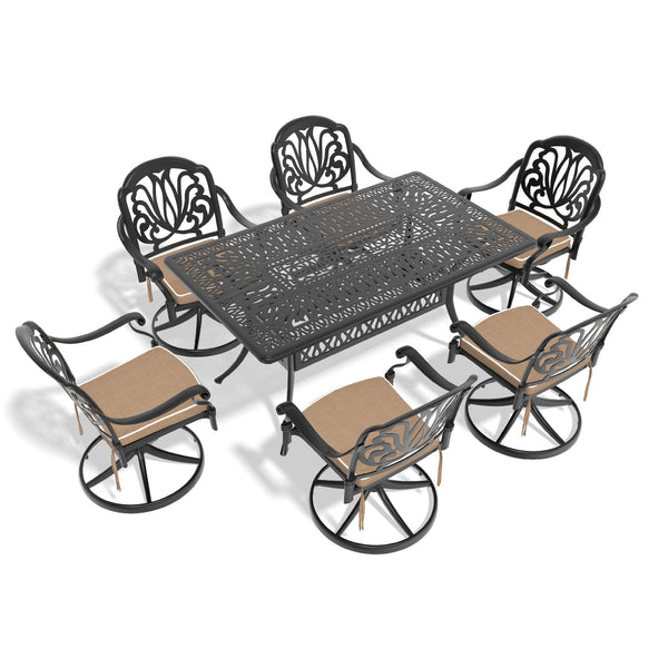 English Elm 7-Piece All-Weather Cast Aluminum Dining Set With Swivel Chairs & Cushions – Perfect For Outdoor Comfort W1710S00280