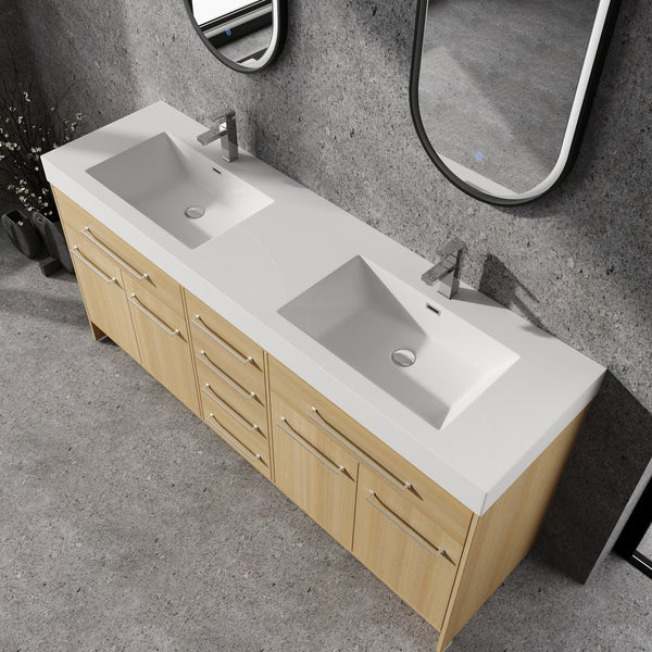 English Elm 72" Freestanding Bathroom Vanity with Double Resin Sink, Original Oak Finish, 4 Doors & 6 Drawers, Soft-Close W1972P315234
