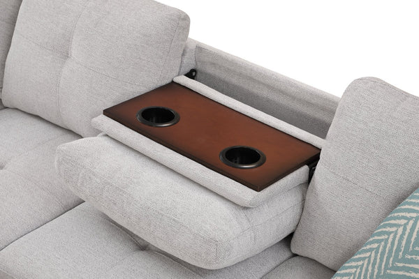 English Elm Black Faux Leather Sectional Sofa with Cup Holders Storage Ottoman and Nailhead Trim Light Gray B2730S00023