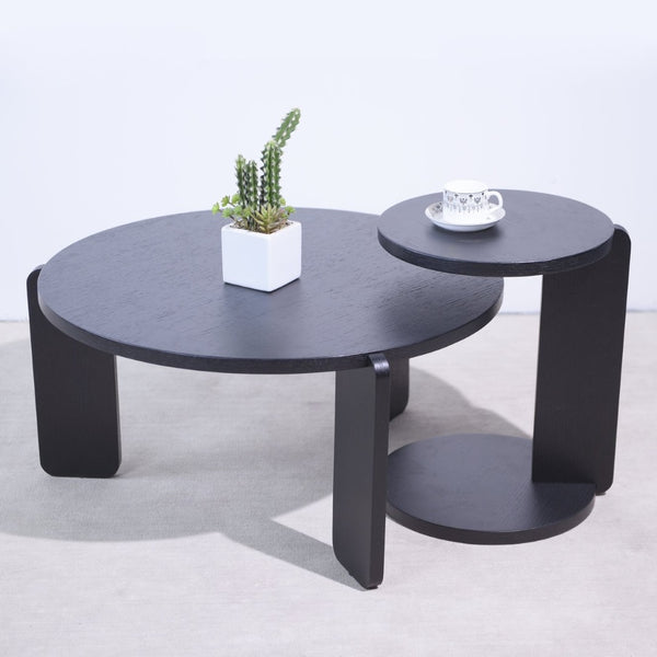 English Elm 32.68 Inch Black Oak Veneer Nesting Round Coffee Table Set for Modern Living Rooms W2899P435699