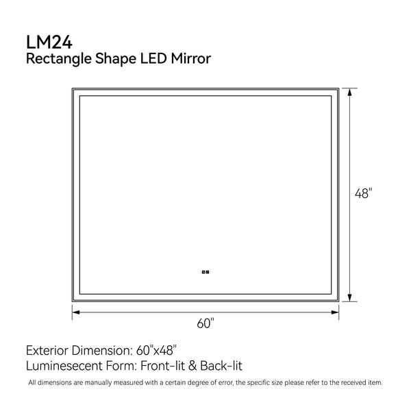 English Elm 60"x48" Modern LED Smart Mirror — Front & Back Lit Bathroom Mirror, Touch Anti-Fog, 3-Color Memory Mode T3177P284028