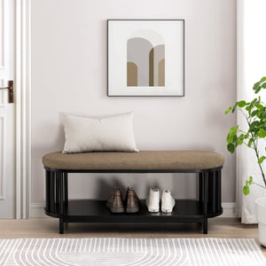 English Elm Walker Edison - Scandi Upholstered-Top Storage Bench with Cushion, Lower Shelf, Slatted Sides, Black MDF Design B185P169086