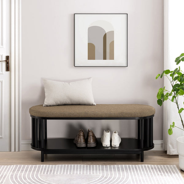 English Elm Walker Edison - Scandi Upholstered-Top Storage Bench with Cushion, Lower Shelf, Slatted Sides, Black MDF Design B185P169086