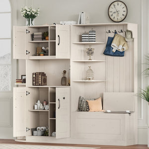 English Elm Multifunctional Modular Hall Tree Cabinet with Open Shelves and Hooks for Entryway Beige W1580S00565