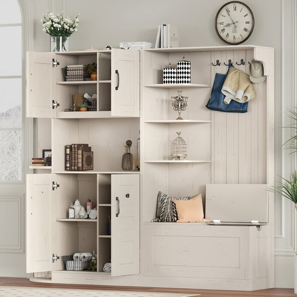English Elm Multifunctional Modular Hall Tree Cabinet with Open Shelves and Hooks for Entryway Beige W1580S00565