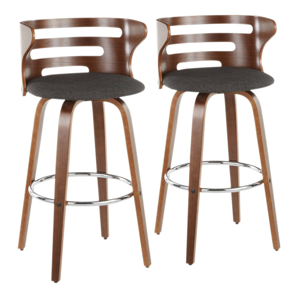 English Elm Cosini Mid-Century Barstool Set of 2 — Walnut Curved Back, Charcoal Upholstery, 360° Swivel Comfort B202S00515