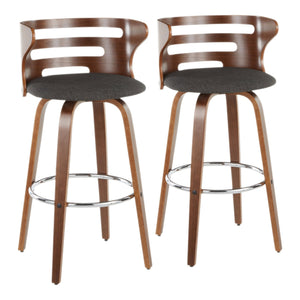 English Elm Cosini Mid-Century Barstool Set of 2 — Walnut Curved Back, Charcoal Upholstery, 360° Swivel Comfort B202S00515