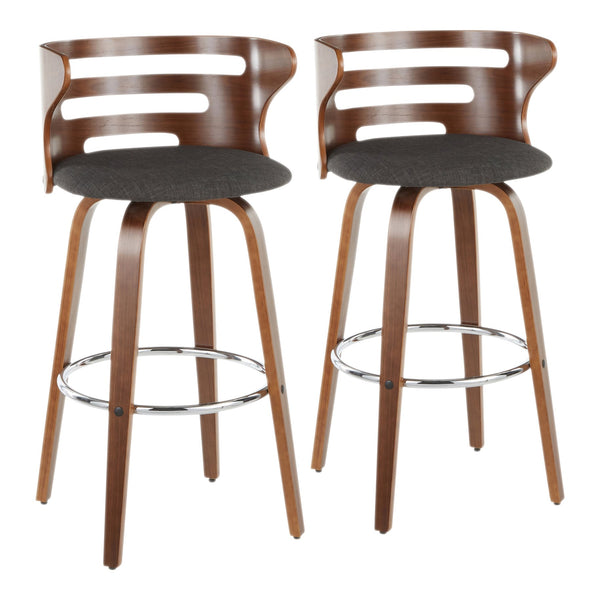English Elm Cosini Mid-Century Barstool Set of 2 — Walnut Curved Back, Charcoal Upholstery, 360° Swivel Comfort B202S00515