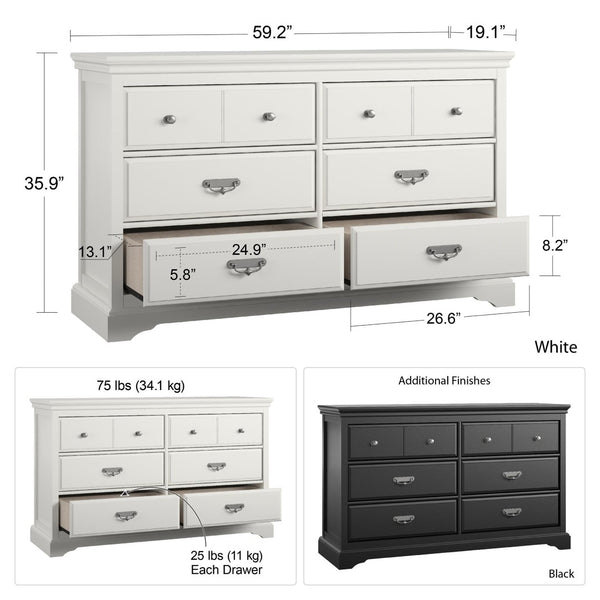 English Elm Bristol Six Drawer Bedroom Dresser with Smooth Metal Slides and Classic Black Finish B2733S00014