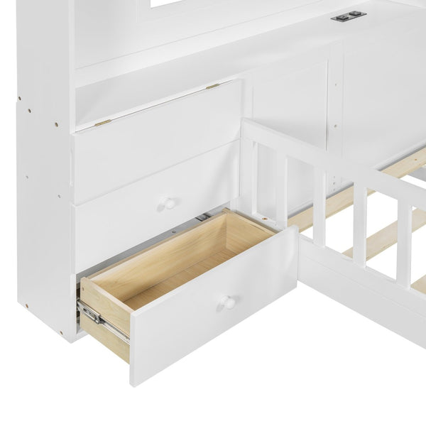 English Elm Full Size House Bed White Wood Frame with Drawers Shelves and Built in Usb Charging LT000423AAK-1