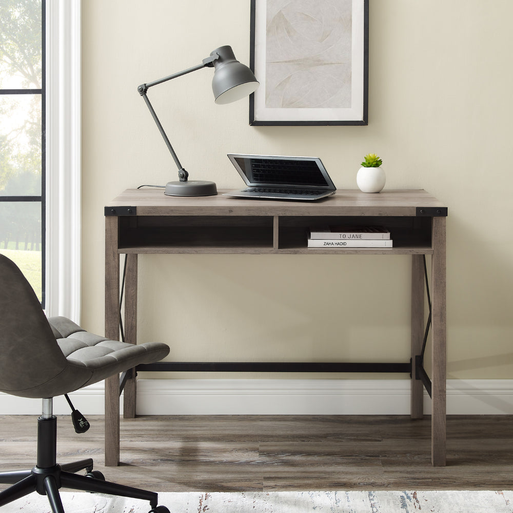 English Elm Walker Edison - Modern Farmhouse Metal-X Desk Grey Wash — 2 Cord Ports, Open Cubbies, Powder-Coat Steel Accents, Sturdy MDF Finish B185P244128