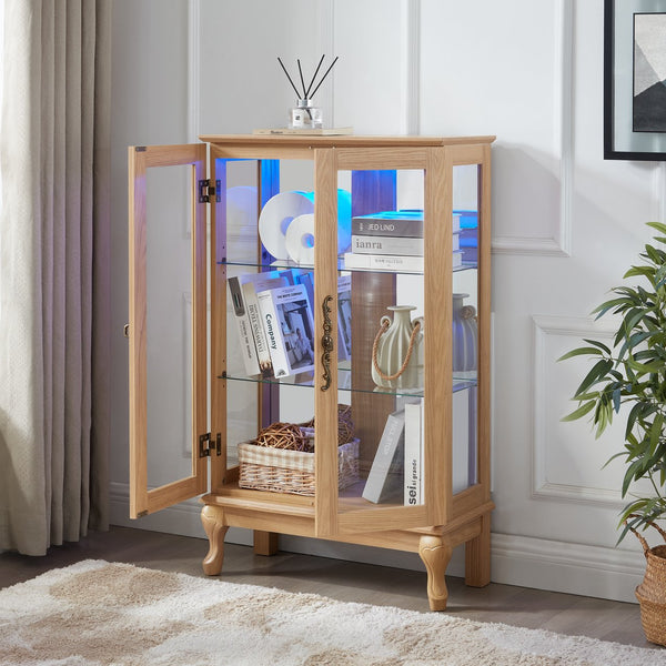 English Elm Elegant Curio Cabinet with Tempered Glass Doors, LED Lighting, Mirrored Back, Adjustable Shelves, Anti-Tip Safety Light Oak W1758P290028