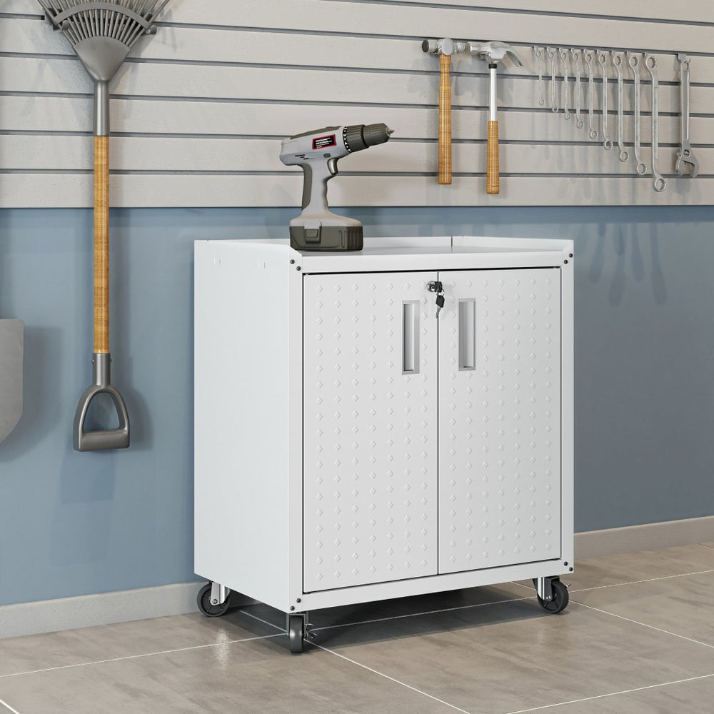 English Elm Rolling Metal Garage Cabinet with Locking Doors Diamond Texture Industrial Storage White B365P398224