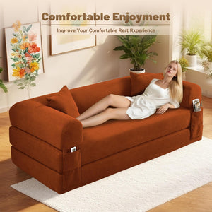 English Elm Convertible Corduroy Sleeper Sofa Queen Fold Out Bed with Dual Storage Pockets Orange W3396P483177